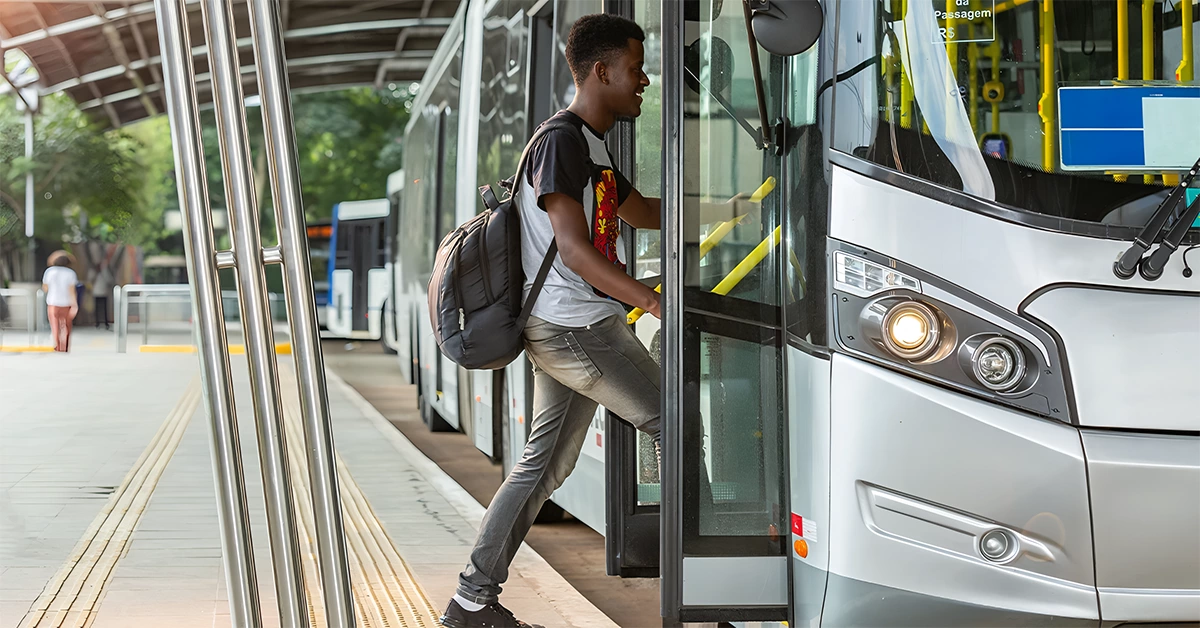 A tourist boarding a bus