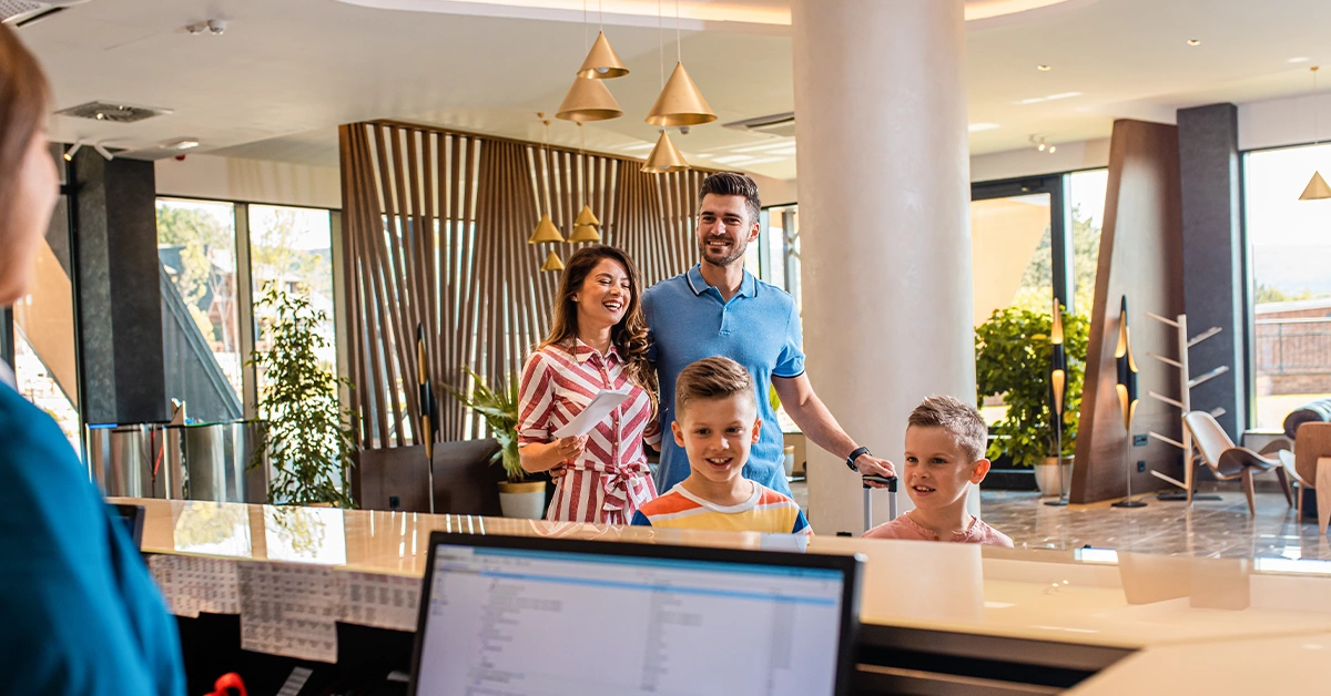 A family at a hotel lobby