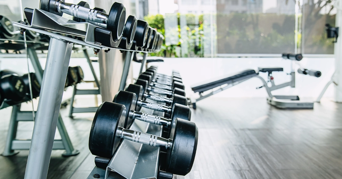 Dumbbells are placed in a gym