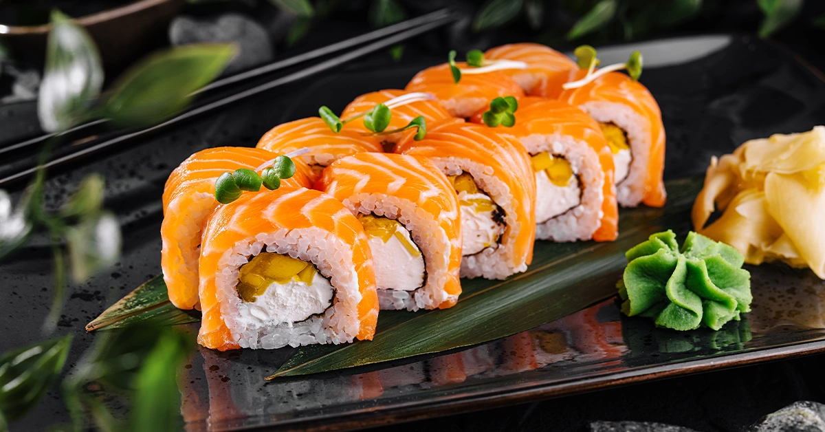 Salmon sushi served at Sushi Library Bawadi Mall