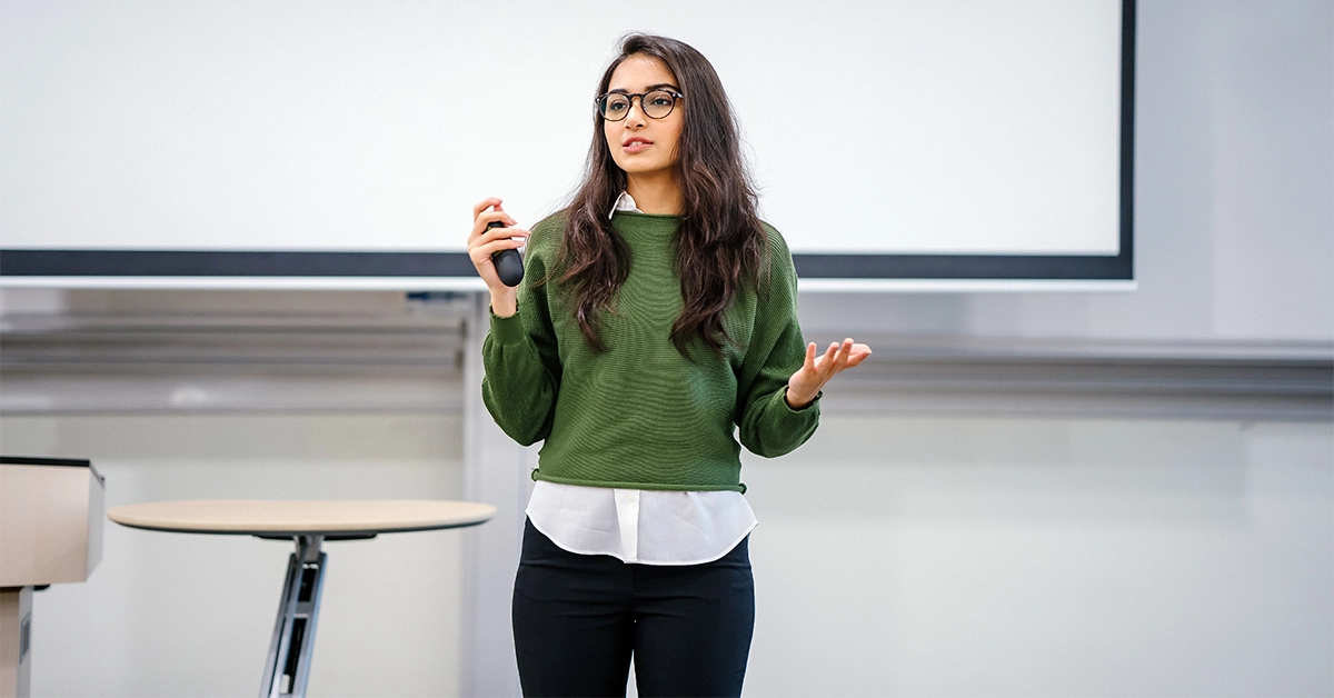 A girl delivering a workshop at the University of West London