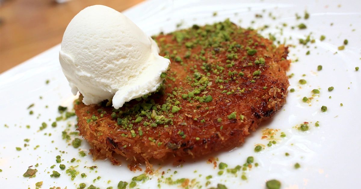 Kunefe with Ice Cream served at ZouZou Turkish & Lebanese Restaurant
