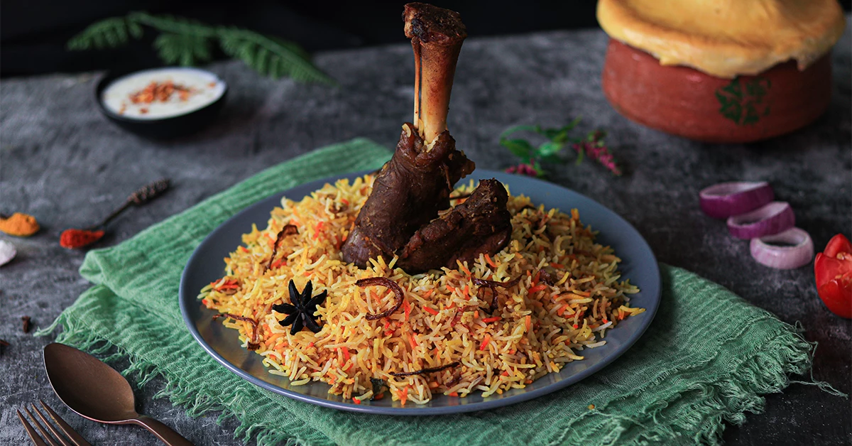 Lamb Shank Biryani served at Roobaru indian restaurant in Downtown Dubai