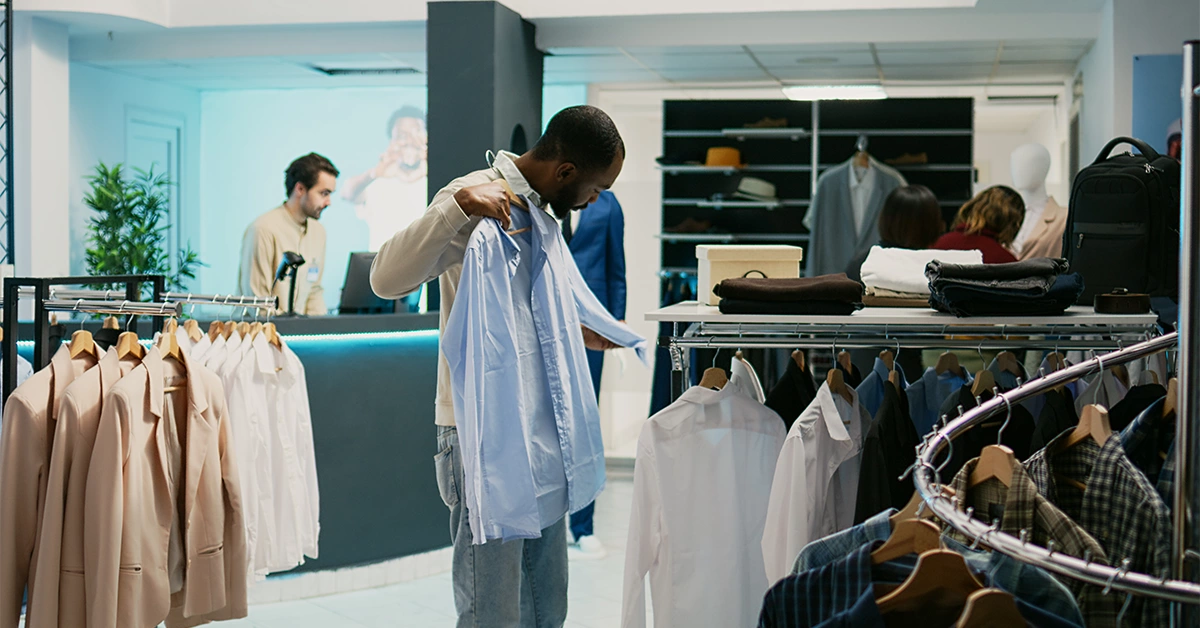 A man looking for shirts at a shopping mall near Al Noaf