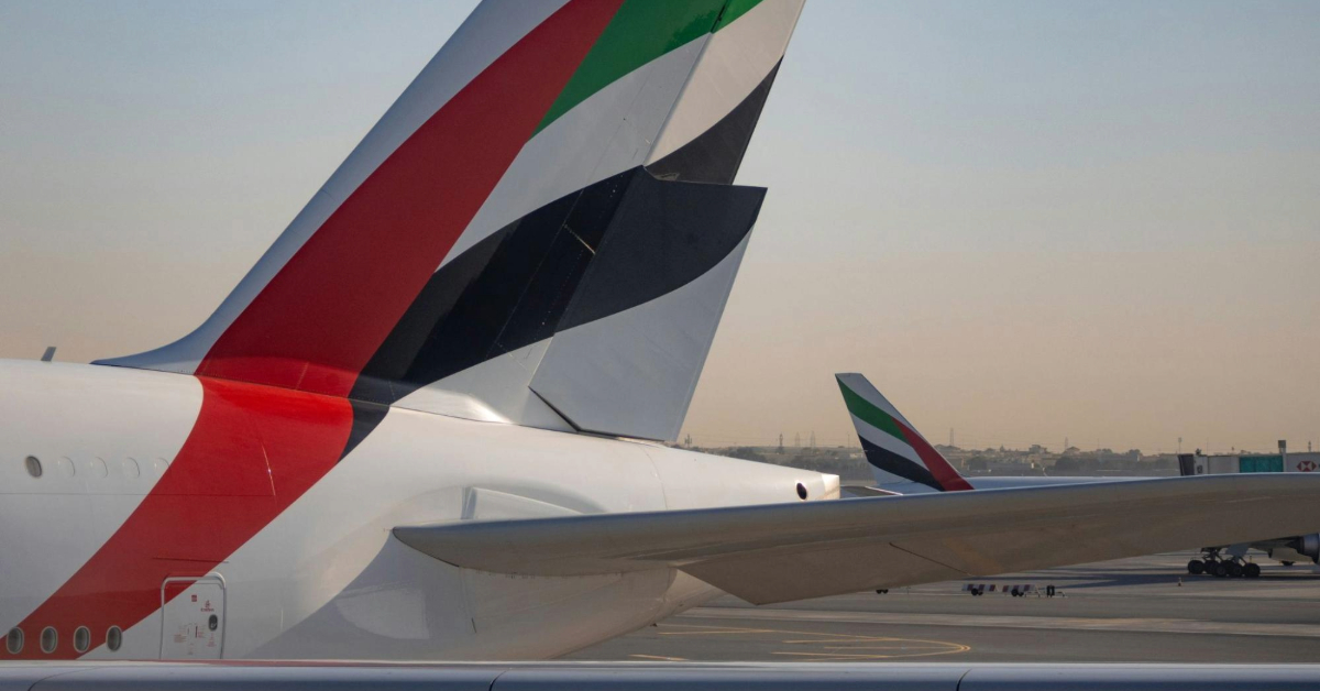 Emirates airplane with the flag on the tail 