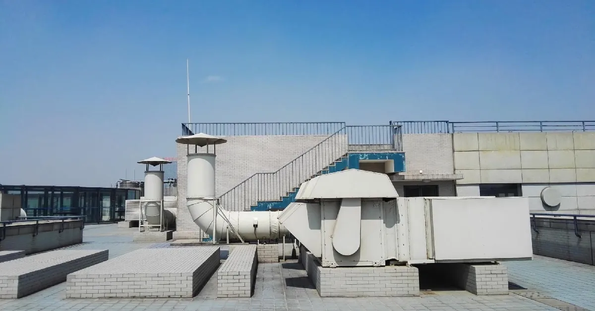 rooftop with several components of a building's ventilation system