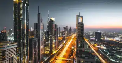 A view of Sheikh Zayed Road surrounded by skyscrapers