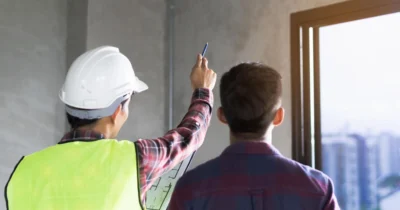 An engineer in a yellow vest showing real estate developer in Abu Dhabi the property’s progress