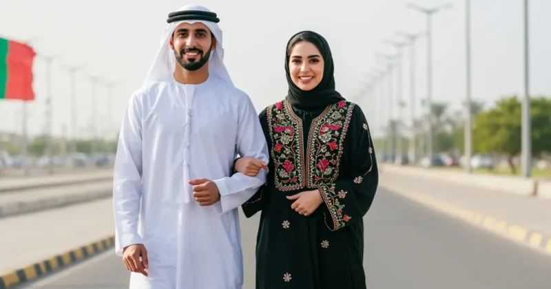 A HAPPY UAE arab men and women in traditional UAE dress code