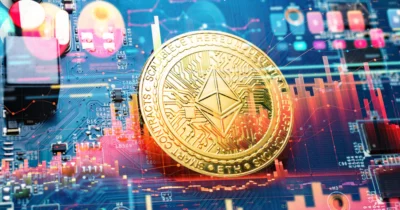 Ethereum coin on a digital circuit board symbolizing real estate cryptocurrency investments in Dubai.
