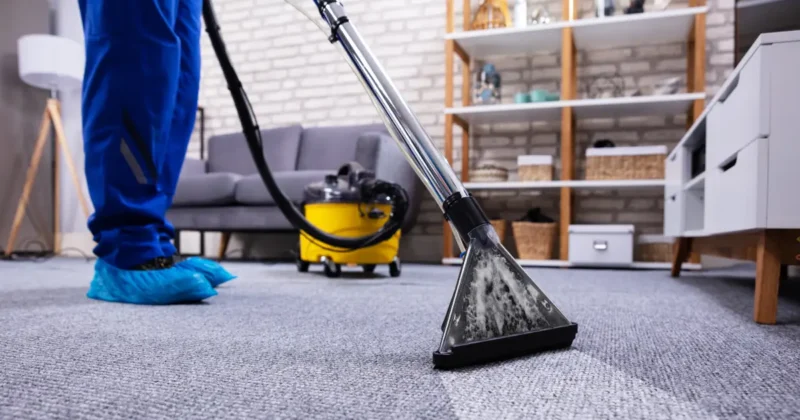 Man cleaning the carpets, illustrating how to clean after renovation