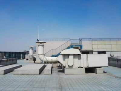 rooftop with several components of a building's ventilation system