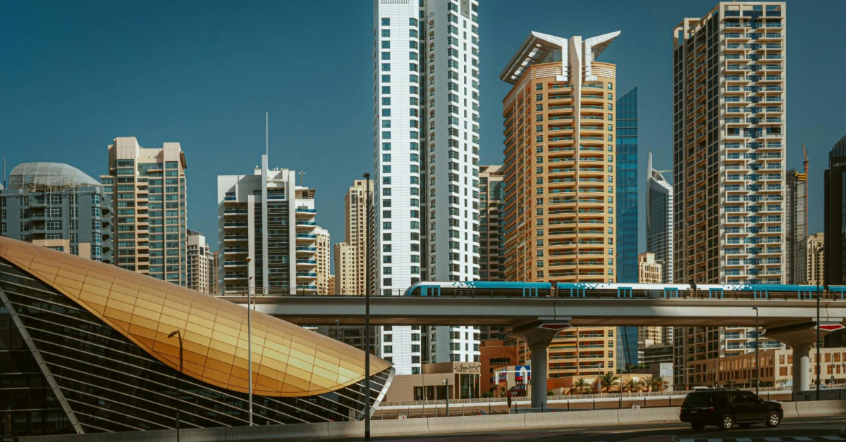 Dubai Metro passing by in broad daylight in Dubai