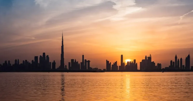 At sunset, Dubai scenery silhouettes