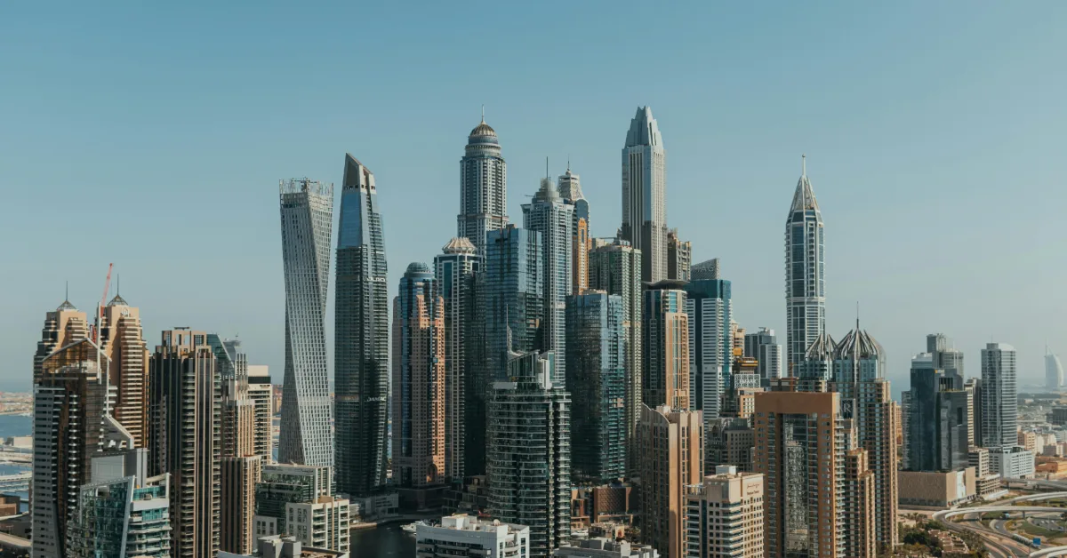Modern Dubai skyline showing residential investment properties.