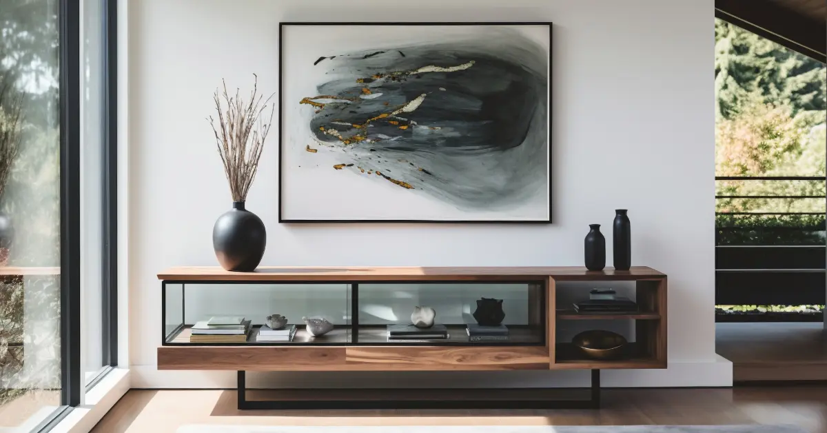 Modern entryway with designer furniture and a gallery artwork wall