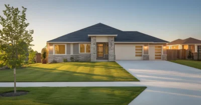 Modern home exterior with landscaping and driveway