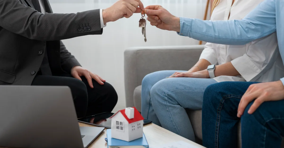 Real estate agent at work showing house and doing business