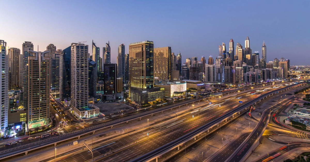 Sheikh Zayed Road panorama, day to night
