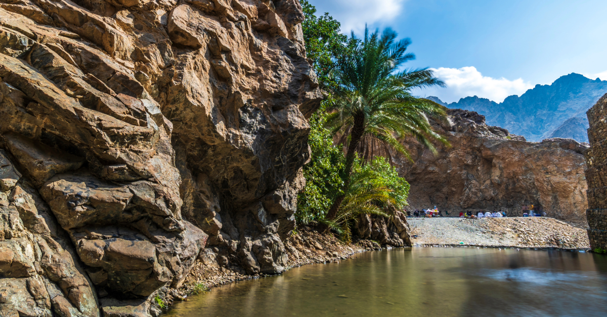 Wadi Al Sidr in Fujairah surrounded by Hajar Mountains in the morning light