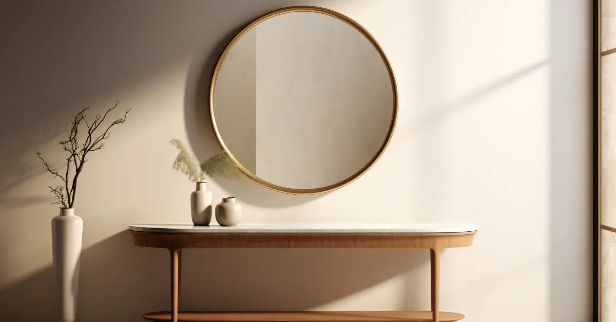 View of modern entryway with interior designed furniture and a circled mirror