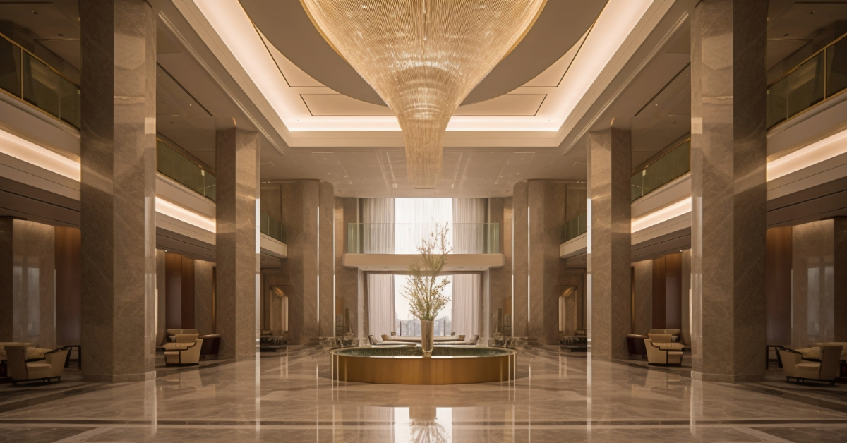 A luxurious and empty hotel lobby