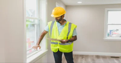 Engineer inspecting apartment interior during property inspection.