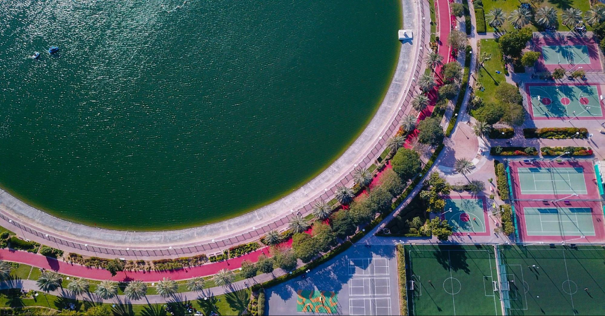 aerial view of Al Barsha Pond Park in Dubai