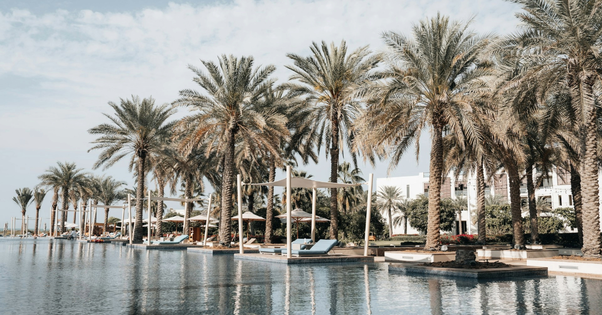 Swimming beds beside a luxurious swimming pool