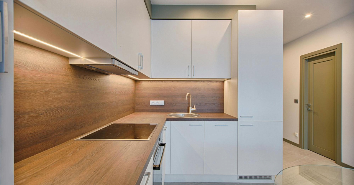 A modern kitchen with wooden finish