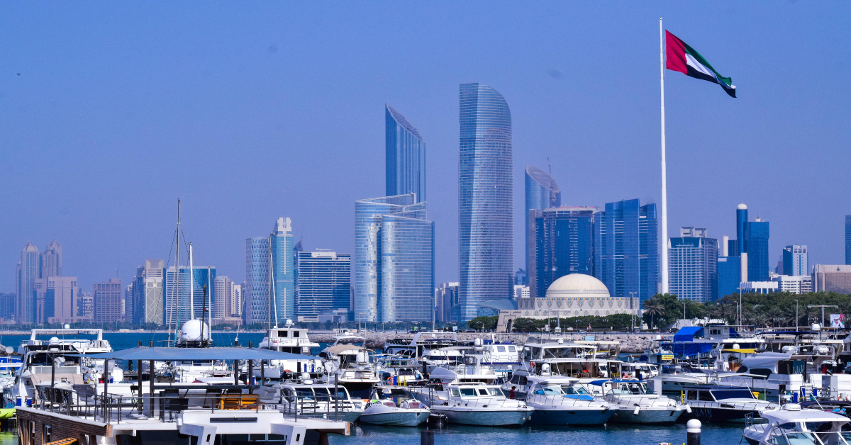 Boats in Harbor in Dubai with UAE flag