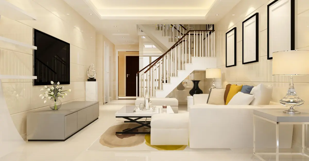 Modern white-wood duplex living room with an upstairs bedroom