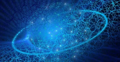 Abstract digital background of a glowing blue sphere surrounded by a complex web