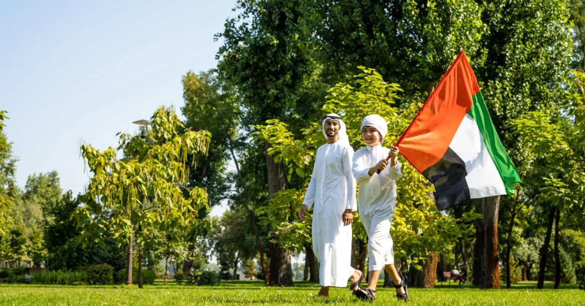 Family celebrating National Day in Dubai, UAE