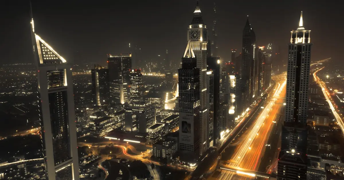 Aerial night photo of the Sheikh Zayed Road in Dubai