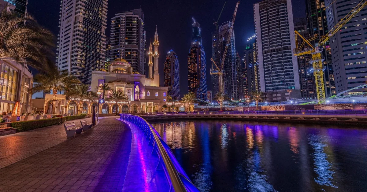 Dubai Marina at night with cityscape
