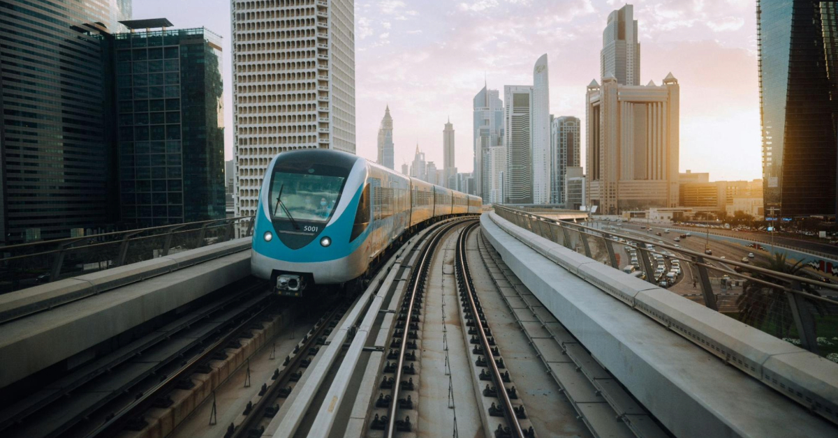Dubai Metro train in motion on elevated tracks