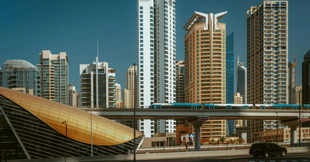 Dubai Metro train outside the station on elevated tracks