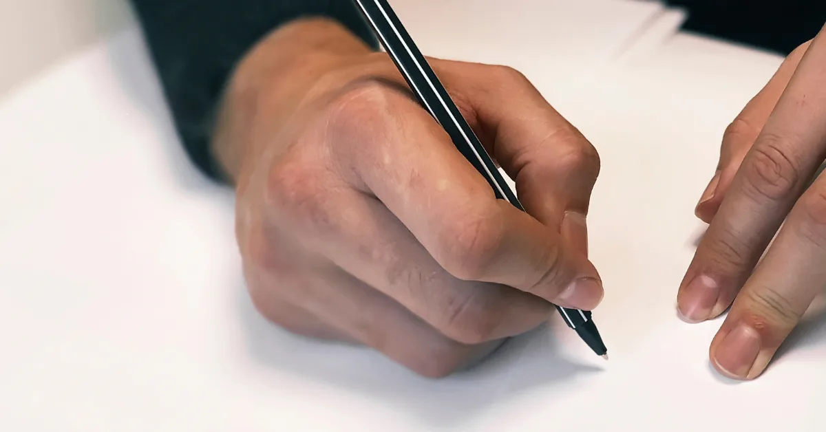 Close-up of a person signing a document with a pen on a desk.