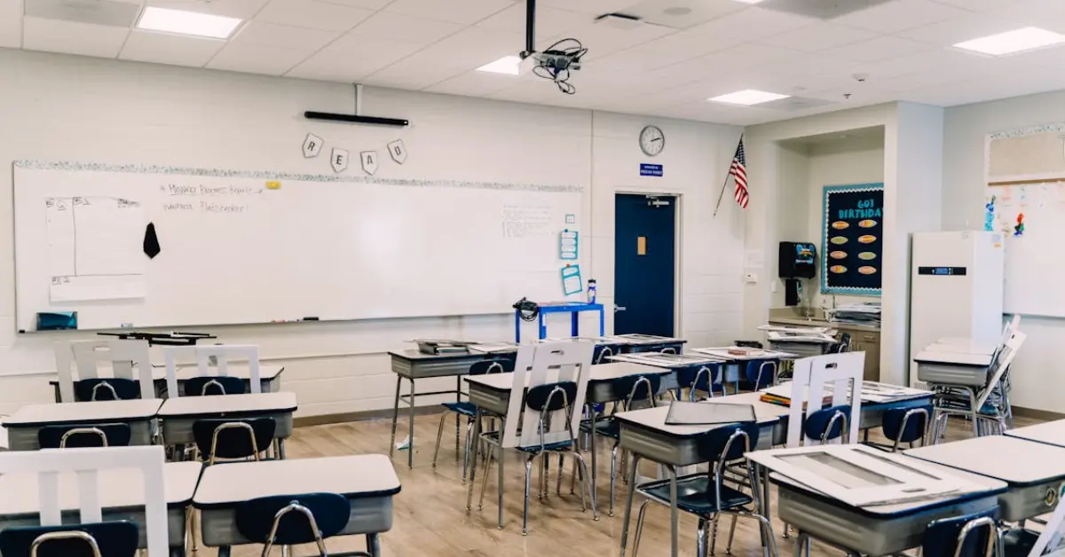 Empty classroom with chairs and tables on campus