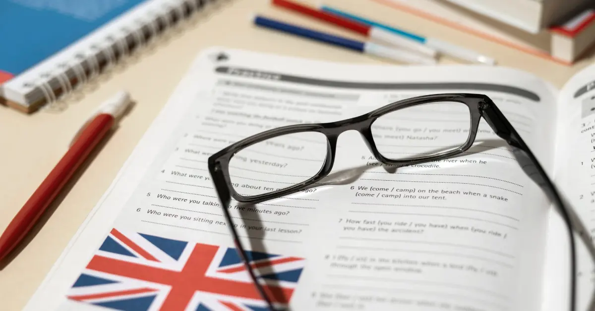 English book with glasses on table