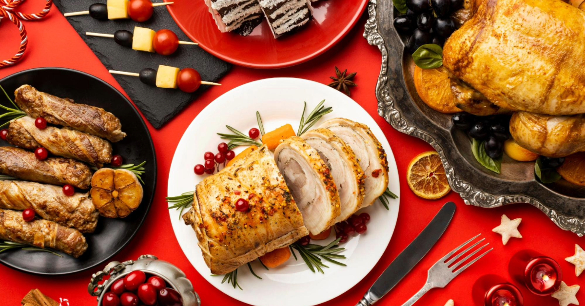 Top view of a Christmas table set for a family gathering.