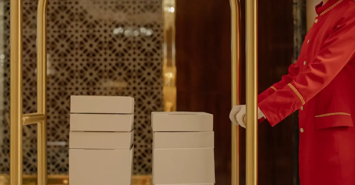 Man Pushing Cart with White Boxes