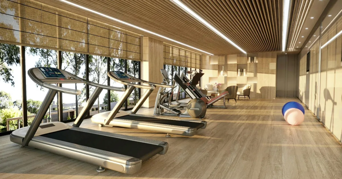 Modern gym with treadmills and large windows
