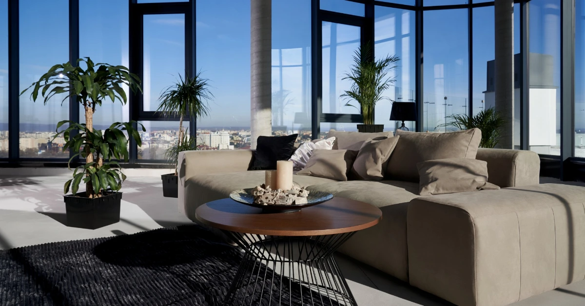 Modern spacious room with large panoramic window