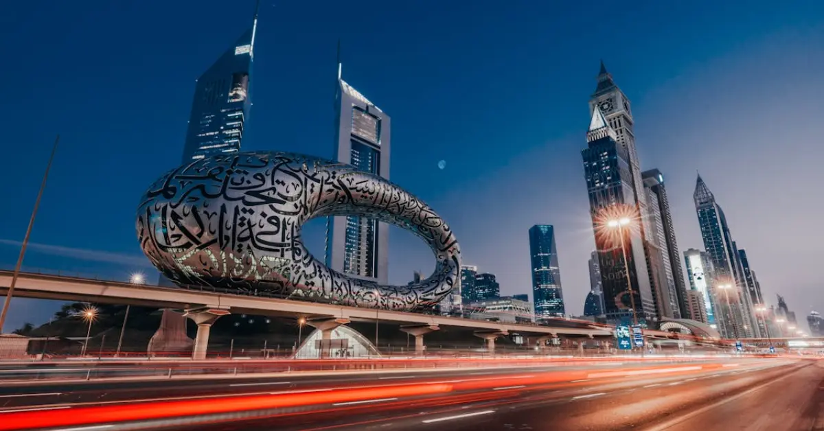 Blurred Car Lights on Street by Museum of Future in Dubai
