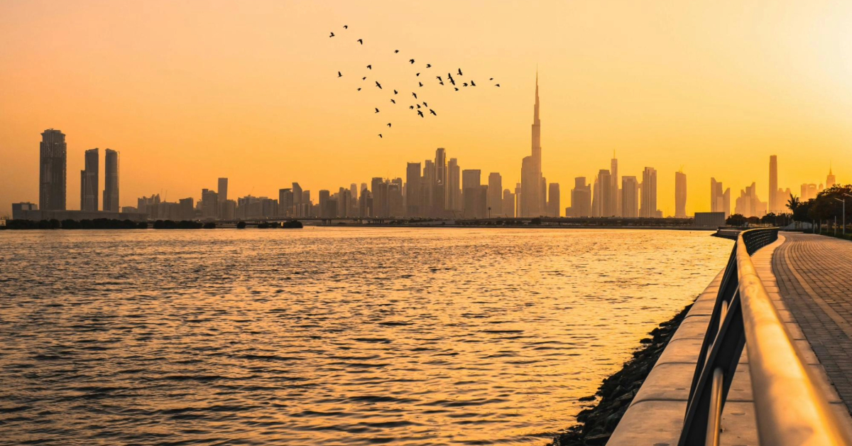 Silhouette of Dubai during sunset