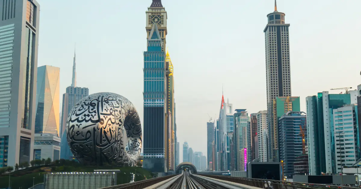 Train riding among skyscrapers in Dubai