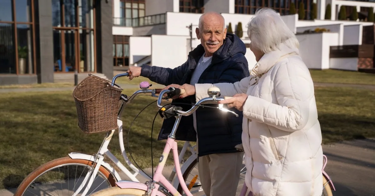 Two retired elderly couples enjoying retirement in luxury senior living in Dubai