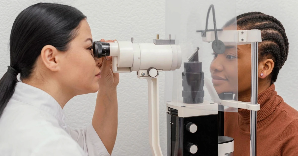 Ophthalmologist conducting eye test for driving license renewal